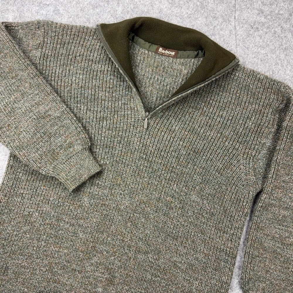 Barbour Sweater Mens XL Green Tyne Zip Neck 100% Pure Wool Heavy Knit Scotland